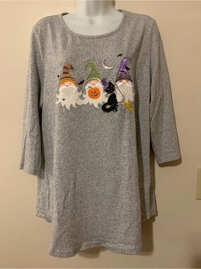 indigo soul Gray Halloween Gnome Embroidered Long Sleeve Tee with Colorful Hats